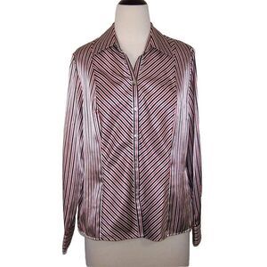 I.N. Shirt Top Blouse Large Striped Button Up Long Sleeve Satin Black Red Silver